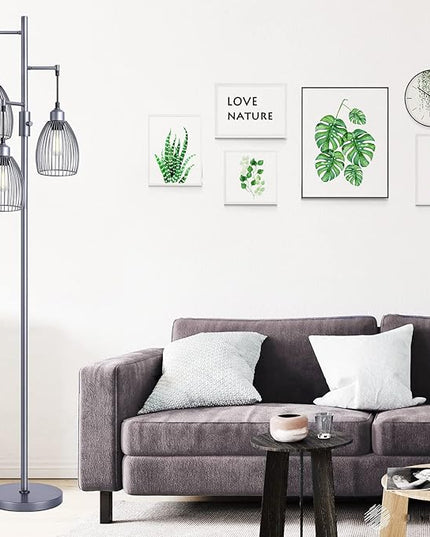 Nintiue Dimmable Floor Lamp, 3 x 800LM LED Edison Bulbs Included, Industrial Floor Lamp Standing Tree Lamp with Elegant Teardrop Cage Heads Tall Lamps for Living Room Bedroom-Grey - LeafyLoom