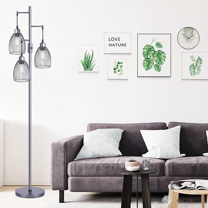 Nintiue Dimmable Floor Lamp, 3 x 800LM LED Edison Bulbs Included, Industrial Floor Lamp Standing Tree Lamp with Elegant Teardrop Cage Heads Tall Lamps for Living Room Bedroom-Grey - LeafyLoom