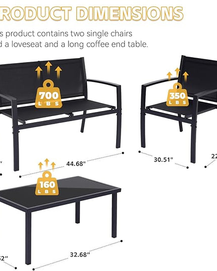 4 Pieces Patio Furniture Set Outdoor Garden Patio Conversation Sets Poolside Lawn Chairs with Tempered Glass Coffee Table Loveseat Porch Furniture Textilene Fabric Black - LeafyLoom