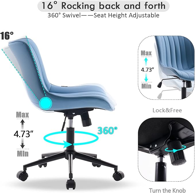 YOUNIKE Armless Office Chair with Wheels Swivel Leather Desk Chair, Upholstered Adjustable Computer Task Chair, Modern Rolling Gaming Chair Mid Back, Blue - LeafyLoom