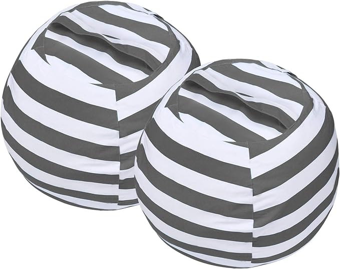 2 PCS Stuffed Animal Storage Bean Bag Chair Cover, Cotton Canvas Beanbag with Zipper for Organizing Kid's and Adults Room Grey 24" - LeafyLoom