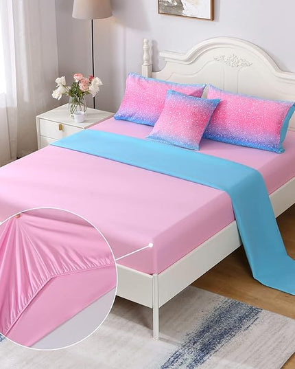 JQinHome Girls Comforter Sheet Set Full Size 6 Piece Bed in A Bag 3D Colorful Pink Rainbow Themed Bedding Set for Girls Women 1 Comforter,2 Pillowcases,1 Flat Sheet,1 Fitted Sheet,1 Cushion Cover - LeafyLoom