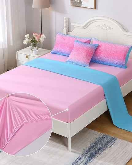 JQinHome Glitter Comforter Set Twin Size,6 Piece Bed in A Bag 3D Colorful Duvet Pink Blue Bedding Sets for Girls Kids - (1 Comforter,2 Pillowcases, 1 Flat Sheet, 1 Fitted Sheet, 1 Cushion Cover) - LeafyLoom