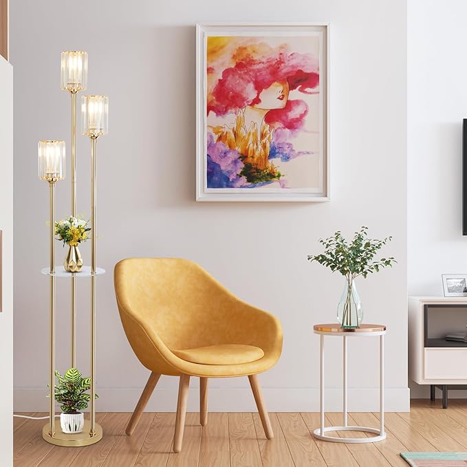 HMVPL Gold Floor Lamps for Living Room, Modern Floor Lamp with Shelves, Crystal Standing Lamps with Table, Brass Floor Lamp with Crystal Shade, On/Off Switch, Mid Century Corner Floor Lamp for Bedroom - LeafyLoom