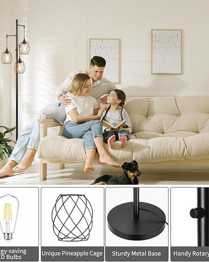 70" Dimmable Floor Lamp for Living Room, Industrial 3-light Tree Floor Lamp Black with Cages, Farmhouse Rustic Tall Standing Lamp Floor Lighting for Bedroom Office, LED Edison Bulbs - LeafyLoom