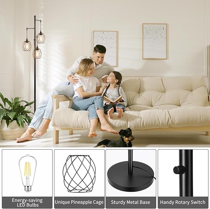 70" Dimmable Floor Lamp for Living Room, Industrial 3-light Tree Floor Lamp Black with Cages, Farmhouse Rustic Tall Standing Lamp Floor Lighting for Bedroom Office, LED Edison Bulbs - LeafyLoom