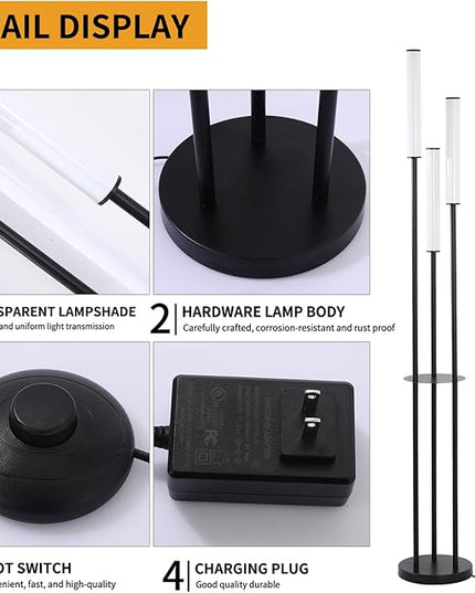 Ganeed LED Floor Lamp with Shelves,30W Modern Black Tall Lamps with 3 Acrylic Lampshade,3000K Warm Light Standing Lamps with Foot Switch and Remote Control (66.5 inch) - LeafyLoom