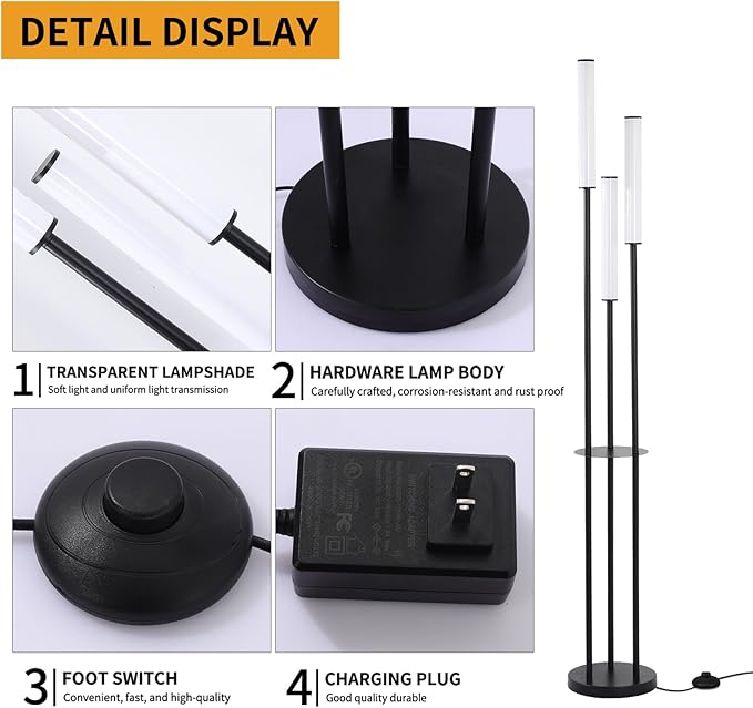 Ganeed LED Floor Lamp with Shelves,30W Modern Black Tall Lamps with 3 Acrylic Lampshade,3000K Warm Light Standing Lamps with Foot Switch and Remote Control (66.5 inch) - LeafyLoom