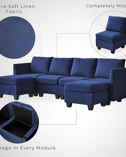 Modern Chenille Fabric U-Shaped 6 Seat Sectional Sleeper Couch with Reversible Chaise Modular Sofa with Storage, Large, Dark Blue - LeafyLoom