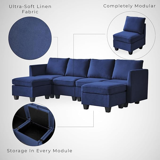Modern Chenille Fabric U-Shaped 6 Seat Sectional Sleeper Couch with Reversible Chaise Modular Sofa with Storage, Large, Dark Blue - LeafyLoom