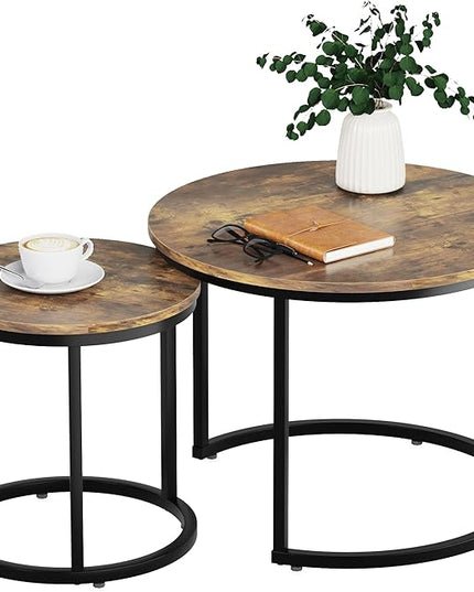 Nesting Coffee Table Set of 2, 23.6" Round Coffee Table Rustic Wood Top with Adjustable Non-Slip Feet, Industrial End Table Side Tables for Living Room Bedroom Balcony Yard - LeafyLoom