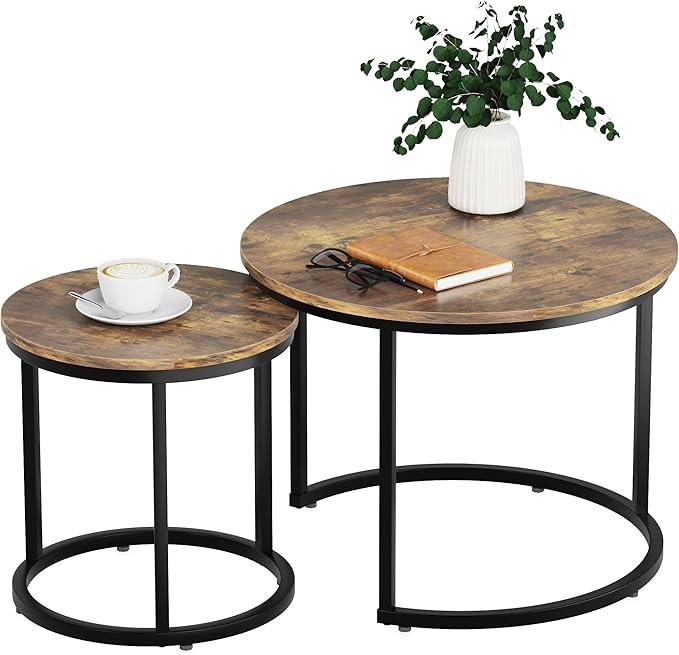 Nesting Coffee Table Set of 2, 23.6" Round Coffee Table Rustic Wood Top with Adjustable Non-Slip Feet, Industrial End Table Side Tables for Living Room Bedroom Balcony Yard - LeafyLoom