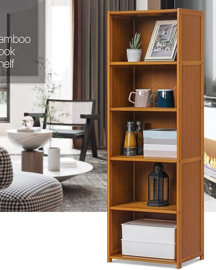 MoNiBloom Bamboo 5 Tier Free Standing Narrow Bookcase Display Storage Shelves Collection Décor Furniture for Home Office Living Room, Brown - LeafyLoom