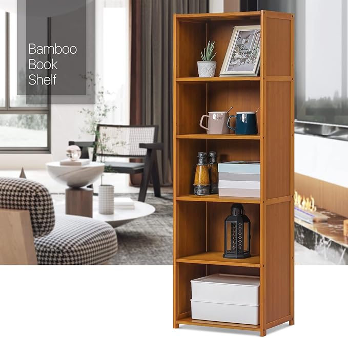 MoNiBloom Bamboo 5 Tier Free Standing Narrow Bookcase Display Storage Shelves Collection Décor Furniture for Home Office Living Room, Brown - LeafyLoom