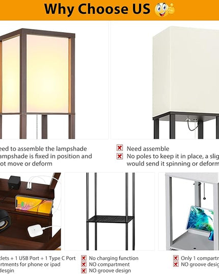 3-in-1 Shelf Floor Lamp with 1 USB Ports & 1 Type C Port & 1 Power Outlet, 3-Tiered Shelf Lamp, Modern Standing Light for Bedroom & Living Room, Shelf & Storage Floor Lamp Combination, Brown - LeafyLoom