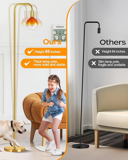 QiMH Floor Lamp for Living Room, Minimalist Industrial Standing Lamp with Clear Globe Glass LED Bulb, 2200K Warm Ambiant Lighting Decorative Modern Tall Lamp for Bedroom Office, Brushed Gold - LeafyLoom