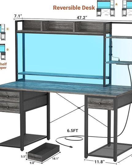 Aheaplus Desk with LED and Outlets, Gaming Desk with Hutch, 47.2'' Computer Desk with Drawers, Reversible office desk with storage bookshelf Large Workstation Desk with Shelf, Desk for Home, Black Oak - LeafyLoom