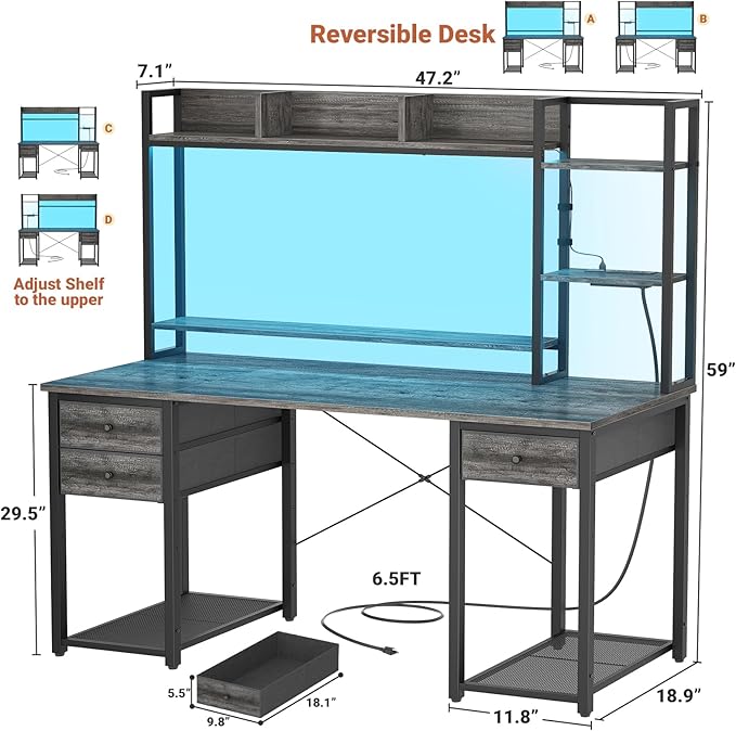Aheaplus Desk with LED and Outlets, Gaming Desk with Hutch, 47.2'' Computer Desk with Drawers, Reversible office desk with storage bookshelf Large Workstation Desk with Shelf, Desk for Home, Black Oak - LeafyLoom