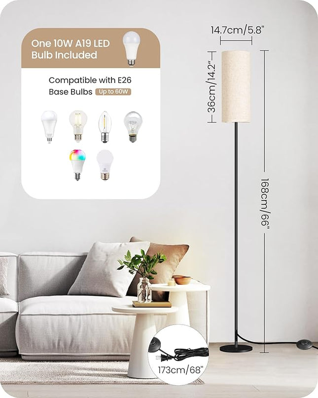 Dimmable Floor Lamp for Living Room, Corner Floor Lamp with Remote, 66'' Standing Tall Lamp, Linen Lampshade, 10W 800LM LED Bulb for Bedroom Study, FCC Listed, Black and Beige E06LD05 - LeafyLoom