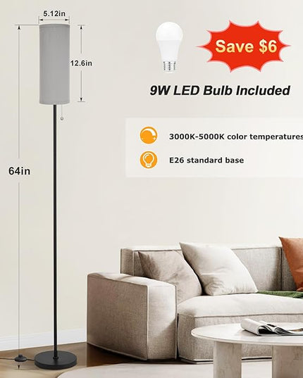 Ambimall Floor Lamp for Living Room with 3 Color Temperatures Bulb, 64" Standing lamp with Linen lampshade for Bedroom, Minimalist Pole Lamp, Grey Shade & Black Pole - LeafyLoom