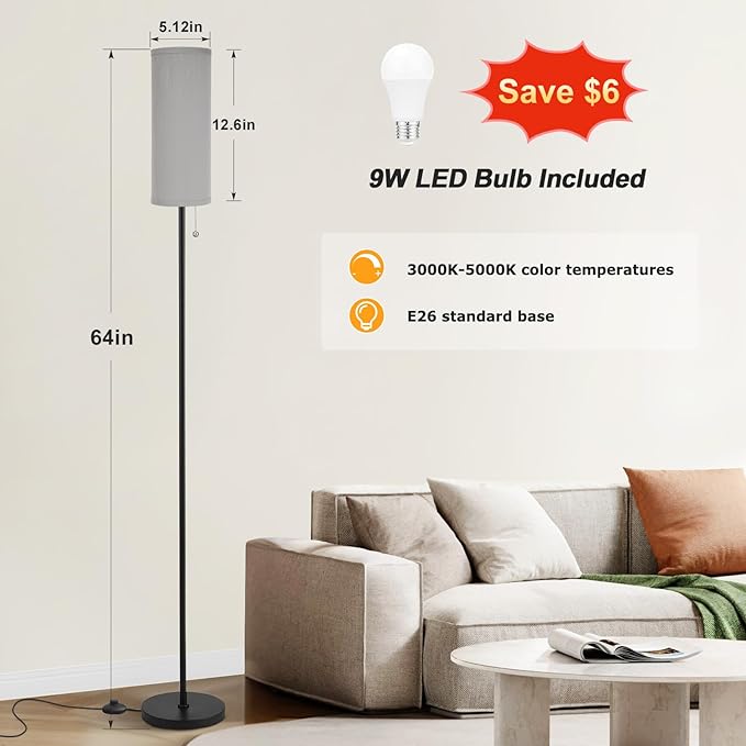 Ambimall Floor Lamp for Living Room with 3 Color Temperatures Bulb, 64" Standing lamp with Linen lampshade for Bedroom, Minimalist Pole Lamp, Grey Shade & Black Pole - LeafyLoom