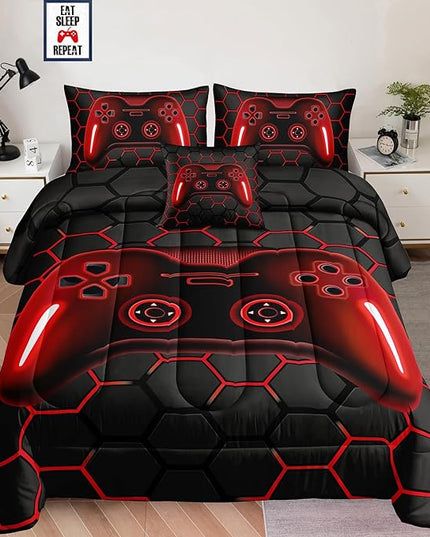 5 Pieces Bed in a Bag for Boys Bedding Sets Twin Size,Gamer Comforter Sets for Boys Kids, Gaming Comforter Set for Boys Room Decor with Flat Sheet,Fitted Sheet,Pillowcase,Cushion Cover - LeafyLoom