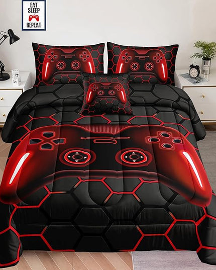 6 Pieces Bed in a Bag for Boys Bedding Sets Queen Size,Gamer Comforter Sets for Boys Kids, Gaming Comforter Set for Boys Room Decor with Flat Sheet,Fitted Sheet,Pillowcase,Cushion Cover - LeafyLoom