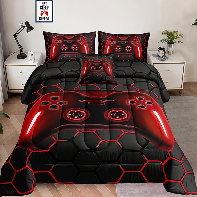6 Pieces Bed in a Bag for Boys Bedding Sets Full Size,Gamer Comforter Sets for Boys Kids, Gaming Comforter Set for Boys Room Decor with Flat Sheet,Fitted Sheet,Pillowcase,Cushion Cover - LeafyLoom