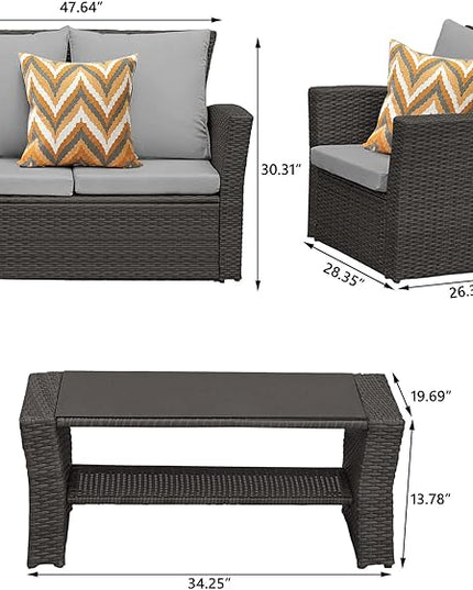4 Piece Patio Furniture Sets, All-Weather Wicker Conversation Sets, Outdoor Rattan Sectional Sofa Chair with Cushions and Coffee Table for balcony, garden, backyard, Grey - LeafyLoom