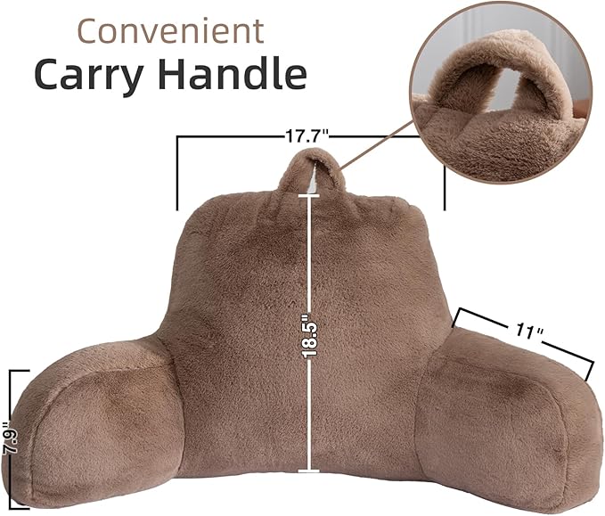 A Nice Night Faux Fur Soft Reading Pillow Bed Wedge Adult Backrest with Arms Back Support for Sitting Up in Bed/Couch for Bedrest,Khaki,Large - LeafyLoom