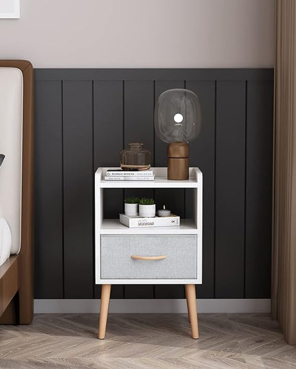 LUCKNOCK NightStand with Fabric Drawer, Bedside Table with Solid Wood Legs, Minimalist and Practical End Side Table with Open Storage Shelf for Bedroom, White. - LeafyLoom