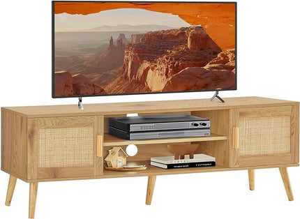 Iwell Boho Rattan TV Stand for 70 inch TV, Large TV Console, Entertainment Center with Adjustable Shelf and 2 Cabinets, Mid Century Modern TV Stands for Living Room, Bedroom, Natural - LeafyLoom