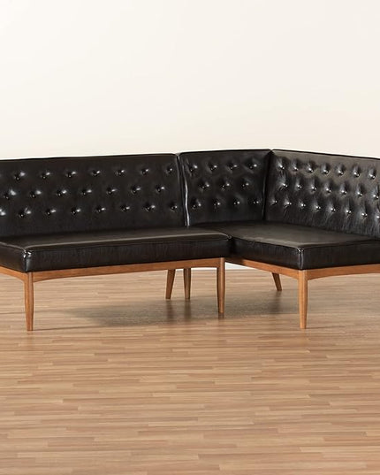 Baxton Studio Riordan Mid-Century Modern Dark Brown Faux Leather Upholstered and Walnut Brown Finished Wood 2-Piece Dining Nook Banquette Set - LeafyLoom