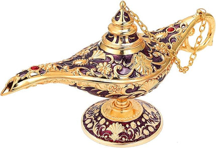 Classic Aladding Magic Genie Lamp Legend Wishing Light Costume Lamp Metal Carved Cone Incense Burner for Home Tabletop Decoration Party Birthday Halloween Christmas(Dark Purple) - LeafyLoom