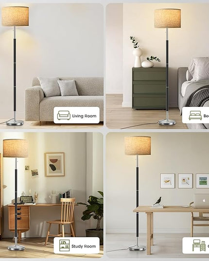 Bright Floor Lamps with 3 Color Temperatures(3000K/4000K/6000K) Standing Lamps with Beige Linen Lampshade Pole Lamp with Pull Chain Switch for Bedroom Office, 9W Bulb Included, Black and Silver - LeafyLoom