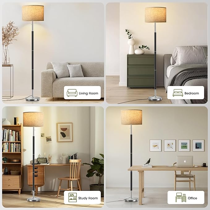 Bright Floor Lamps with 3 Color Temperatures(3000K/4000K/6000K) Standing Lamps with Beige Linen Lampshade Pole Lamp with Pull Chain Switch for Bedroom Office, 9W Bulb Included, Black and Silver - LeafyLoom