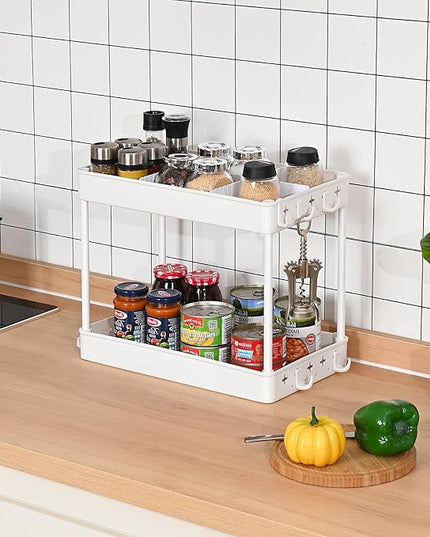 TOOLF Rolling Storage Cart, 3 Tier Utility Cart on Wheels, Bathroom Rolling Cart Organizer with Divider & Hooks, Mobile Shelving Unit Storage Cart for Laundry Kitchen Dorm, White - LeafyLoom