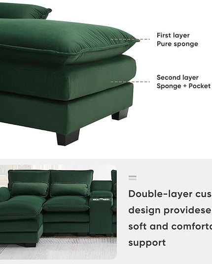 U Shaped Symmetrical Modular Sectional Sofa Cloud Couch with Double Chaise Lounge and Center Console,Cupholders and USB Ports, Deep Seat Upholstered Sleeper Corner Sofa&Couches for Living Room - LeafyLoom
