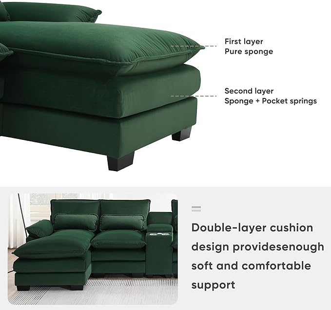 U Shaped Symmetrical Modular Sectional Sofa Cloud Couch with Double Chaise Lounge and Center Console,Cupholders and USB Ports, Deep Seat Upholstered Sleeper Corner Sofa&Couches for Living Room - LeafyLoom