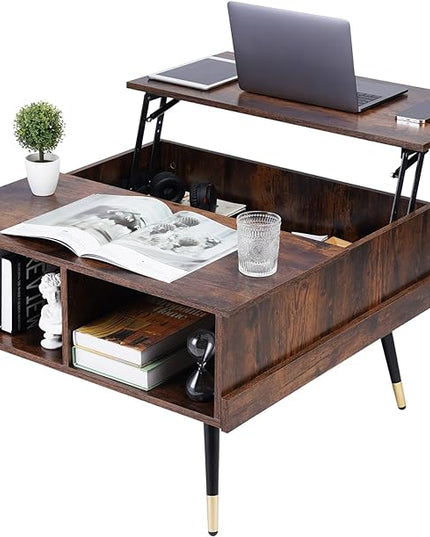 TOPSKY Lift Top Coffee Table, Square Coffee Table with Storage Shelves (Rustic Brown) - LeafyLoom