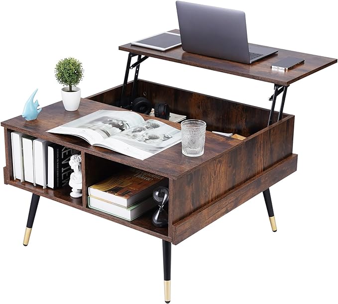 TOPSKY Lift Top Coffee Table, Square Coffee Table with Storage Shelves (Rustic Brown) - LeafyLoom