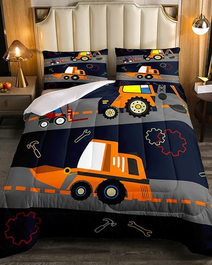 Kids Equipment Trucks Comforter Boys Excavators Bedding Set Construction Site Vehicle Car Decor Comforter Set Tractor Orange Black Grey QuiltCollection 3Pcs Full Size Boys - LeafyLoom