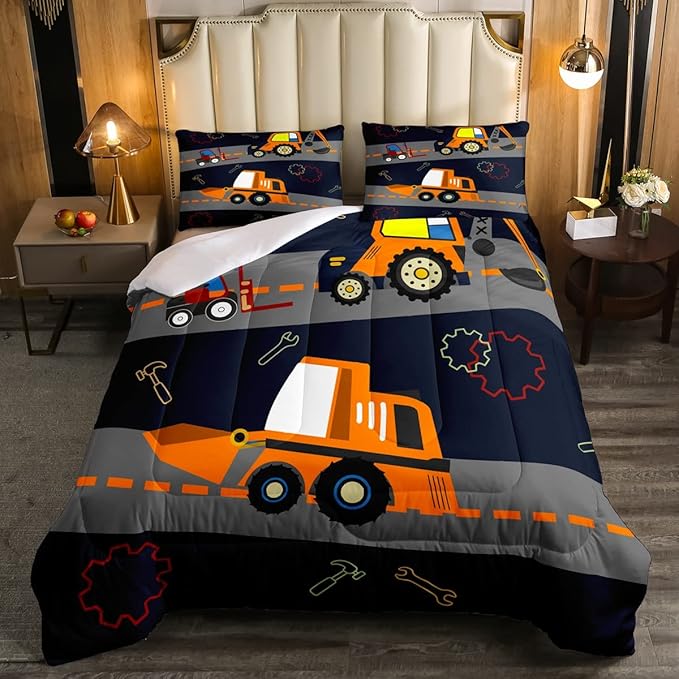 Kids Equipment Trucks Comforter Boys Excavators Bedding Set Construction Site Vehicle Car Decor Comforter Set Tractor Orange Black Grey QuiltCollection 3Pcs Full Size Boys - LeafyLoom