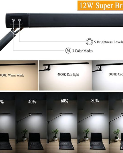 LED Desk Lamp, Architect Task Lamp, 12W Eye-Caring Metal Swing Arm Dimmable Drafting Table Lamp with Clamp,Touch Control Desk Lamp, Study Reading Work Office Workbench - LeafyLoom