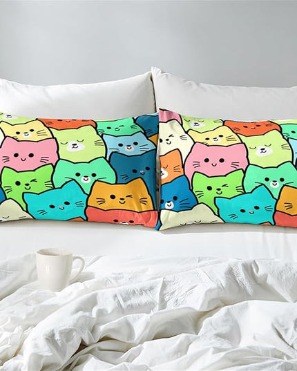 Cartoon Cat Comforter Set 3Pcs - Queen Size Cat Bedding Set for Bedroom Ultra Soft Lovely Animals Themed Comforter Set for Kids Room Decor for All-Season Boys Girls Gifts, 1 Quilt + 2 Pillowcases - LeafyLoom