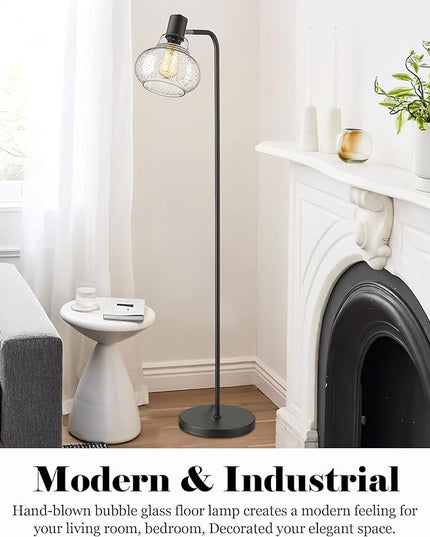 ELYONA Industrial Floor Lamp, Modern Standing Light with Handblown Seeded Bubble Glass Shade, Tall Pole Farmhouse Corner Light for Living Room Bedroom Office, Edison 6W Bulb Included, Black - LeafyLoom