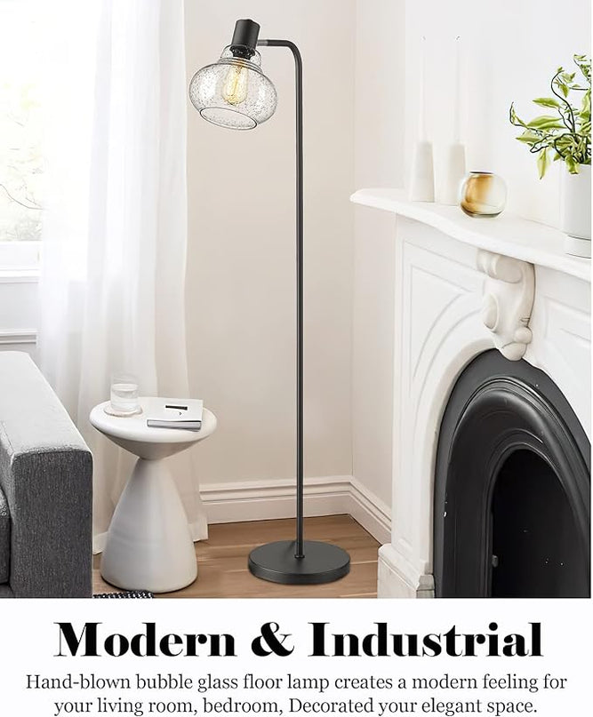 ELYONA Industrial Floor Lamp, Modern Standing Light with Handblown Seeded Bubble Glass Shade, Tall Pole Farmhouse Corner Light for Living Room Bedroom Office, Edison 6W Bulb Included, Black - LeafyLoom