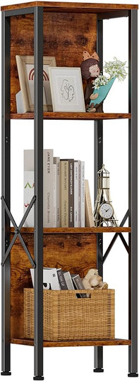 Furologee 4 Tier Small Bookshelf with Back, Short Narrow Bookcase with Shelves, Industrial Freestanding Shelf Units, Metal and Wooden Display Storage Rack for Bedroom, Living Room, Office, Entryway - LeafyLoom