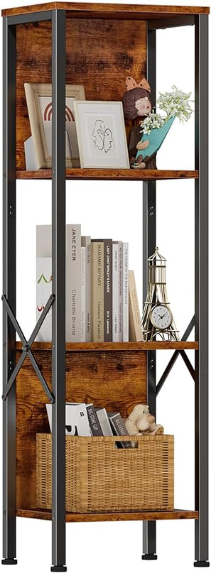 Furologee 4 Tier Small Bookshelf with Back, Short Narrow Bookcase with Shelves, Industrial Freestanding Shelf Units, Metal and Wooden Display Storage Rack for Bedroom, Living Room, Office, Entryway - LeafyLoom