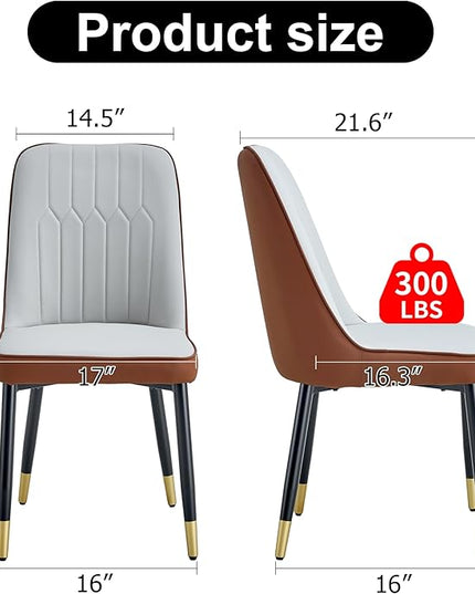 Modern Set of 2, Faux Leather Dining PU Upholstered Kitchen Chair with Black Golden Metal Legs for Home Living Room, Restaurant, 2 Piece, Brown+light Gray - LeafyLoom
